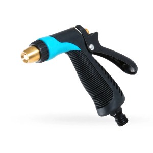 Pistolet ogrodowy z niebieskim uchwytem i czarną obudową.