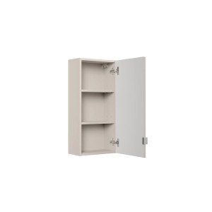 Otwarta, beżowa szafka wisząca t.b.t. do łazienki z dwiema półkami.