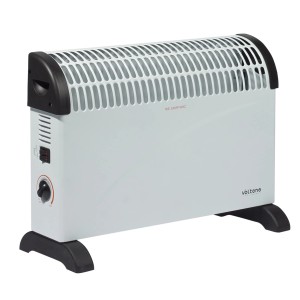 Biały grzejnik elektryczny t.b.t. z czarną podstawą i kratką.