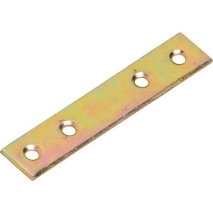 Żółty ocynkowany łącznik płaski, 75x15mm, z czterema otworami do mocowania mebli.