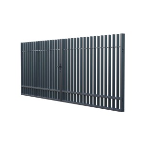 Szara metalowa brama do ogrodzeń ogrodowych, nowoczesny wygląd.