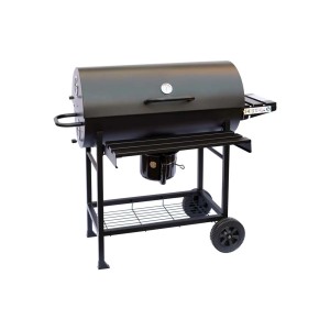 Czarny grill węglowy t.b.t. z termometrem w pokrywie i półkami.