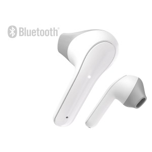 Białe słuchawki t.b.t. Bluetooth, model douszny.