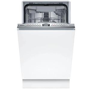 Otwarta, biała zmywarka do zabudowy t.b.t. z panelem sterowania i wnętrzem.