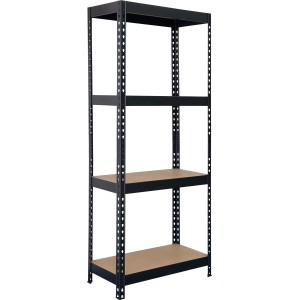 Czarny regał magazynowy z 4 półkami, udźwig 175 kg, idealny do warsztatu i piwnicy.