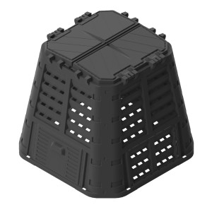 Czarny kompostownik t.b.t. z pokrywą i otworami wentylacyjnymi.