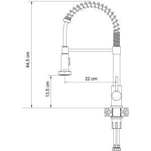 Szkic jednouchwytowej baterii z wymiarami (wysokość 44,5 cm, wysięg 22 cm).