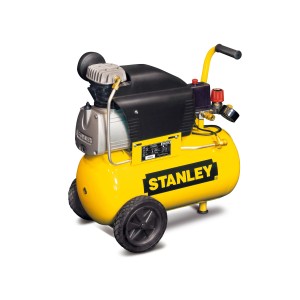 Żółty kompresor Stanley z kołami i czarną osłoną silnika.