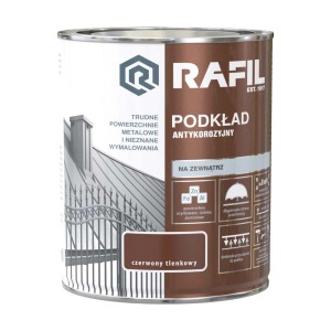 Puszka farby podkładowej antykorozyjnej Rafil, czerwono-brązowa, do powierzchni metalowych.