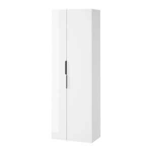 Biała szafka łazienkowa t.b.t. z dwojgiem drzwi i czarnymi uchwytami.