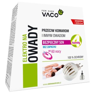 Vaco elektryczny odstraszacz owadów na 60 nocy, idealny dla rodzin. Skuteczna ochrona przed komarami i owadami.