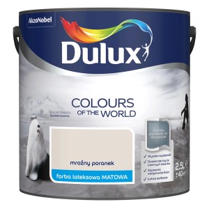 Farba do ścian Dulux „Mroźny Poranek”, lateksowa, matowa, 2,5L. Wiadro z farbą z motywem skandynawskiego krajobrazu.