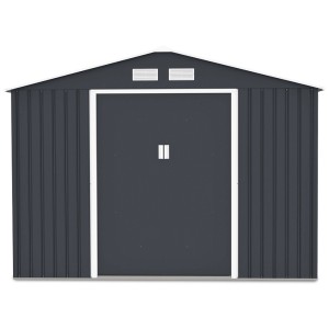 Szary metalowy domek narzędziowy t.b.t. z podwójnymi drzwiami i kratkami wentylacyjnymi.