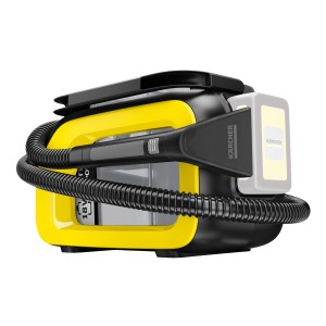 Akumulatorowy odkurzacz piorący Kärcher SE 3-18 Compact, żółto-czarne urządzenie czyszczące z wężem.