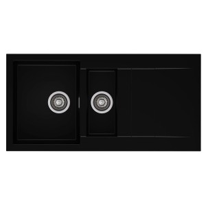 Czarny zlewozmywak granitowy t.b.t. z dwoma komorami i ociekaczem.