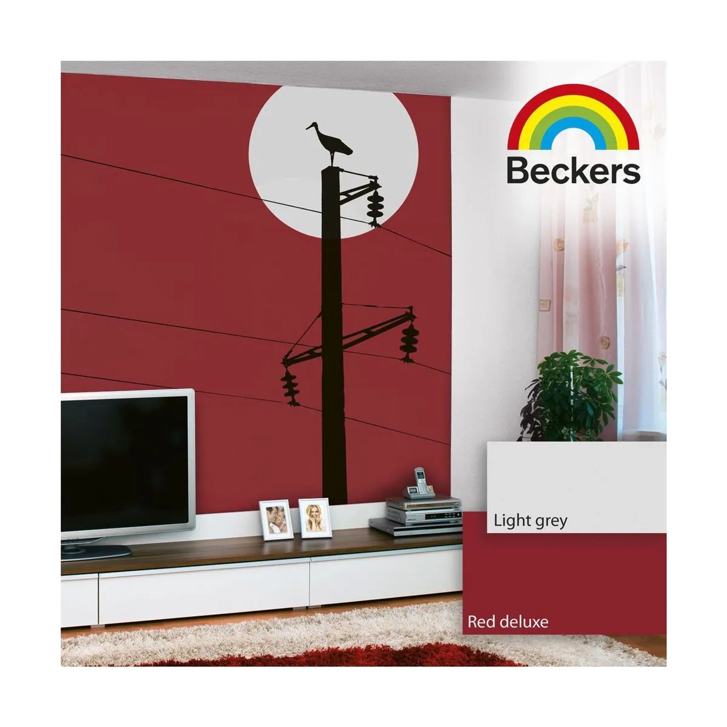 Aranżacja ściany z czerwoną farbą i motywem słupa energetycznego. Próbki kolorów "Light grey" i "Red deluxe".