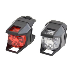 Zestaw oświetlenia rowerowego t.b.t.: Białe światło przednie i czerwone światło tylne dla bezpieczeństwa.