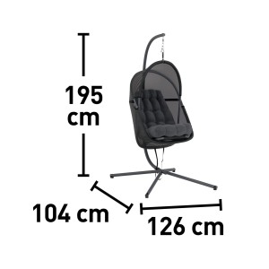 Wymiary fotela wiszącego t.b.t.: 195 cm wysokości, 104 cm głębokości, 126 cm szerokości.