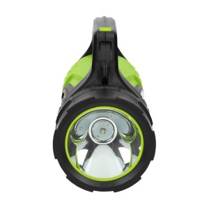 Czarno-zielona latarka t.b.t. z uchwytem, widok z przodu.