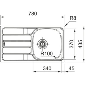 Rysunek techniczny zlewozmywaka ze stali nierdzewnej z wymiarami.