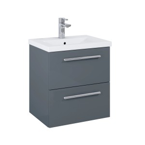 Szara szafka pod umywalkę t.b.t. z umywalką i baterią, część zestawu mebli łazienkowych.