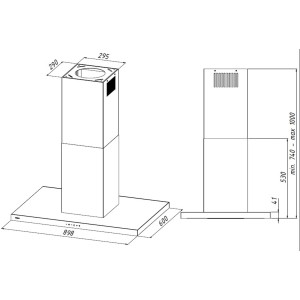 Rysunek techniczny okapu wyspowego z wymiarami.
