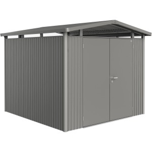 Biohort Panorama metalowy domek ogrodowy, kwarcowo-szary, 6,6 m², z podwójnymi drzwiami. Idealny do przechowywania w ogrodzie.