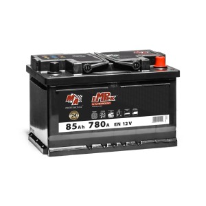 Czarny akumulator samochodowy t.b.t. 85Ah 780A 12V do elektryki samochodowej.