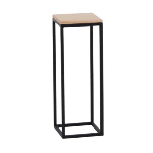 Smukły kwietnik z drewnianym blatem i czarną metalową ramą.