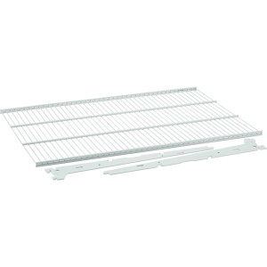 Biała metalowa półka z drutu (60x43x7,2 cm) z dwoma wspornikami do montażu na ścianie.