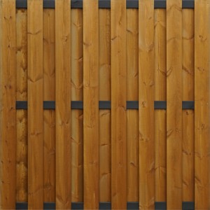 Panel ogrodzeniowy drewniany t.b.t. z czarnymi wspornikami. Ekran prywatności do ogrodu.