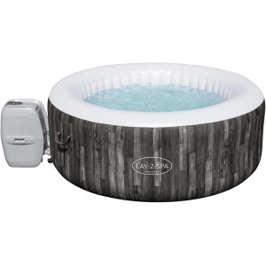 Bestway Lay-Z-Spa Bahamas AirJet, nadmuchiwane jacuzzi w drewnianym stylu z pompą i wodą.