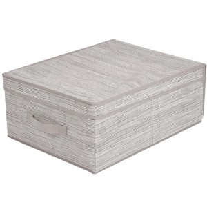 Szary pojemnik do przechowywania z pokrywką do organizacji szafy.