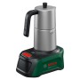 Ekspres akumulatorowy Bosch EasyMoka 18V-2 Inox. Srebrny ekspres moka na zielono-czarnej podstawie akumulatorowej.