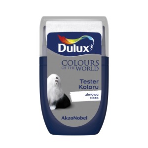 Tester koloru Dulux „zimowa cisza“: Wałek do malowania ścian w kolorze niebieskim/szarym z próbką koloru.