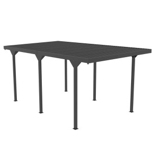 Szara wiata garażowa t.b.t. z płaskim dachem i sześcioma podporami.