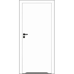 Białe drzwi wewnętrzne z czarną klamką.