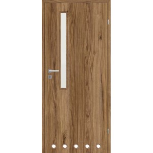 Drzwi wewnętrzne w kolorze drewna z szybą i okrągłymi otworami na dole.