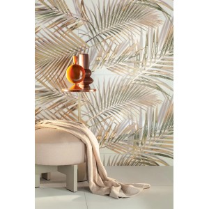 Płytka dekoracyjna ze złotym wzorem palmy jako dekoracja ściany, w połączeniu ze stolikiem i stołkiem.