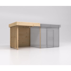 Drewniany domek t.b.t., domek ogrodowy ze ścianą z listew i szkicowym przedstawieniem innego wariantu.