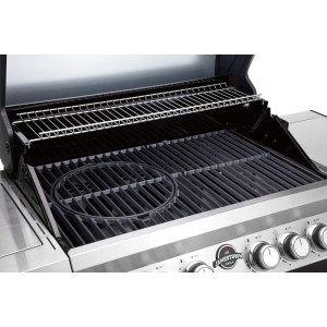 Grill gazowy z rusztem do pieczenia i rusztem do podgrzewania.