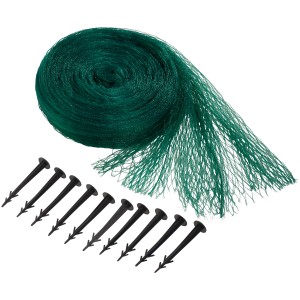 Zielona siatka na oczko wodne 5x4m, zwinięta z 10 kotwami do ochrony przed liśćmi w stawie ogrodowym.