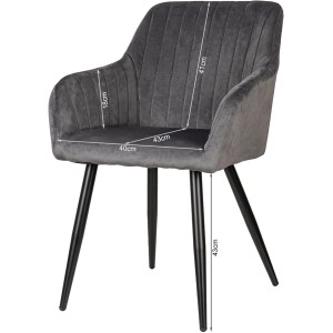 Szary tapicerowany fotel t.b.t. z podłokietnikami, czarne nogi i wymiary.