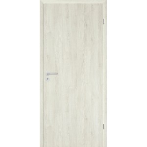 Jasne t.b.t. drzwi wewnętrzne z drewnianą strukturą i srebrną klamką.