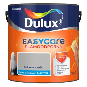 Wiadro szarej, matowej farby do ścian Dulux EasyCare. Odporna na plamy i łatwa do czyszczenia.