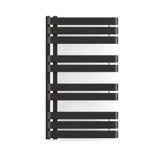 Czarny grzejnik t.b.t. do łazienki i salonu, nowoczesny wygląd.