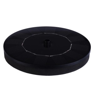 Czarna pompa solarna do fontanny ogrodowej t.b.t., okrągły kształt.