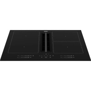Czarna płyta kuchenna z wbudowanym okapem, panel sterowania z przodu.