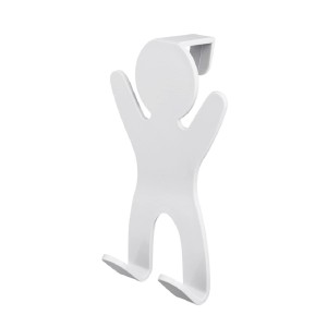 Biały wieszak na drzwi w kształcie dziecięcej figurki do akcesoriów łazienkowych.