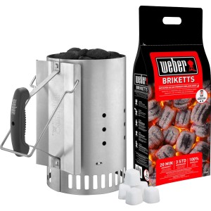 Zestaw rozpałkowy Weber: Rozpalarka kominowa, brykiety i kostki rozpałkowe do grilli węglowych.